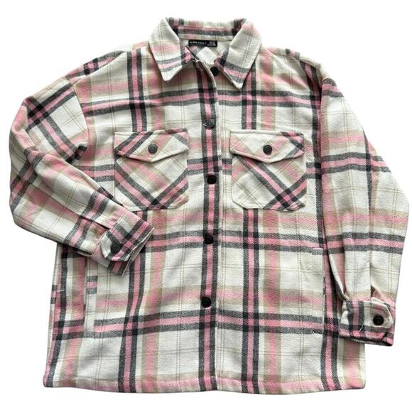 Black Tape Plaid Flannel Shacket Women’s Size Med. Button Front Pink Cream Black - Picture 1 of 6